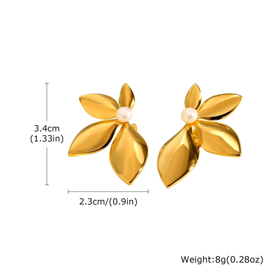 Leaf Plating Artificial Pearls Earrings [304 Stainless Steel,18K Gold Plated]