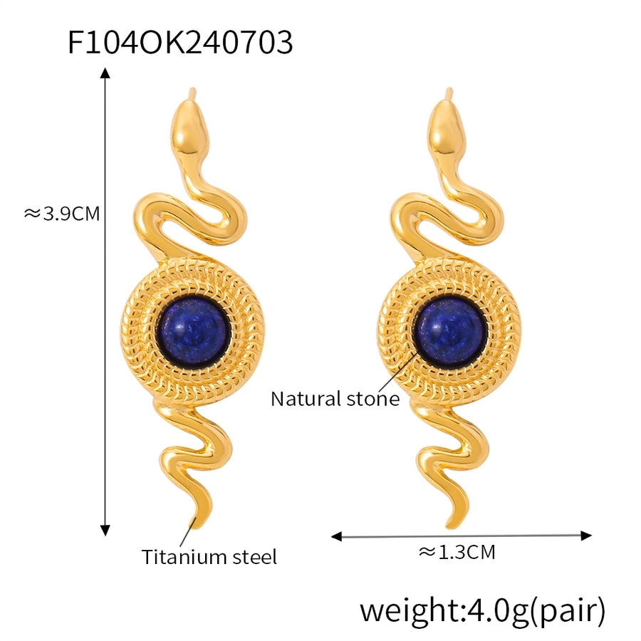 Boucles d'oreilles d'agate de pierre naturelle de serpent rond [304 en acier inoxydable, 18 km plaqués à l'or]