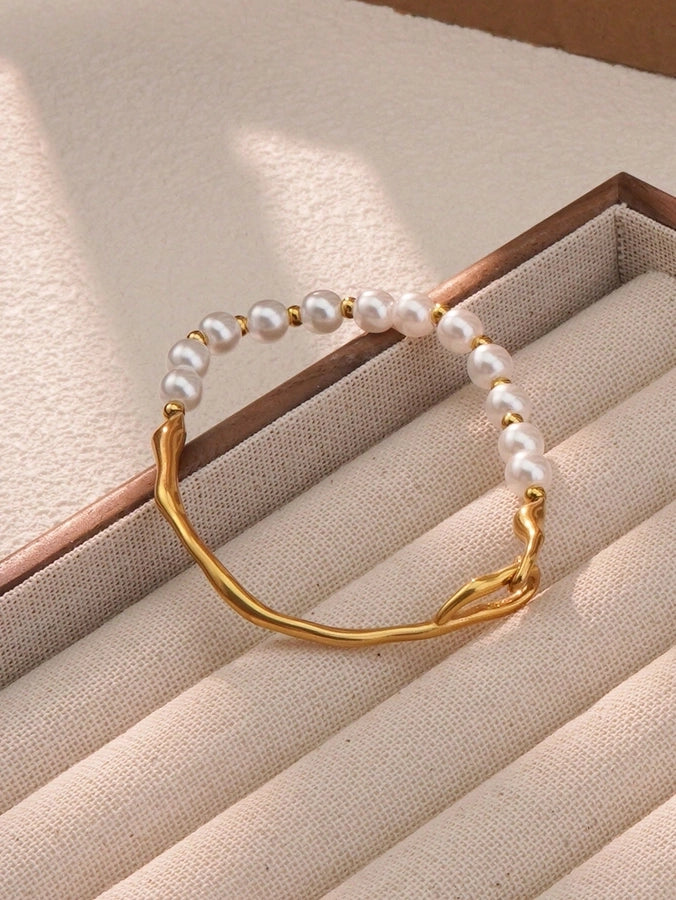 Plastic Pearls Bangle Bracelet  [304 Stainless Steel,18K Gold Plated]