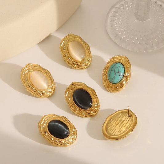 Oval Natural Stone Ear Studs [304 Stainless Steel,18K Gold Plated]