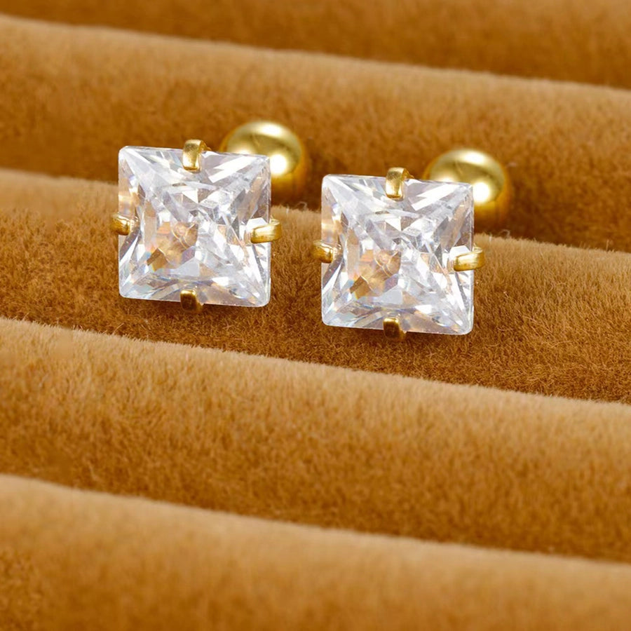 Golden Four-Claw Square Synthetic Zircon Stud Earrings [316 Stainless Steel]