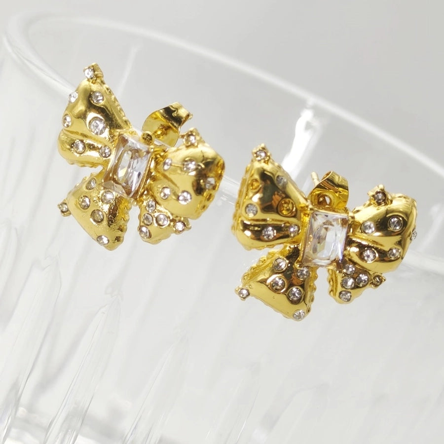 Bow Knot Rhinestones Earrings [304 Stainless Steel,18K Gold Plated]