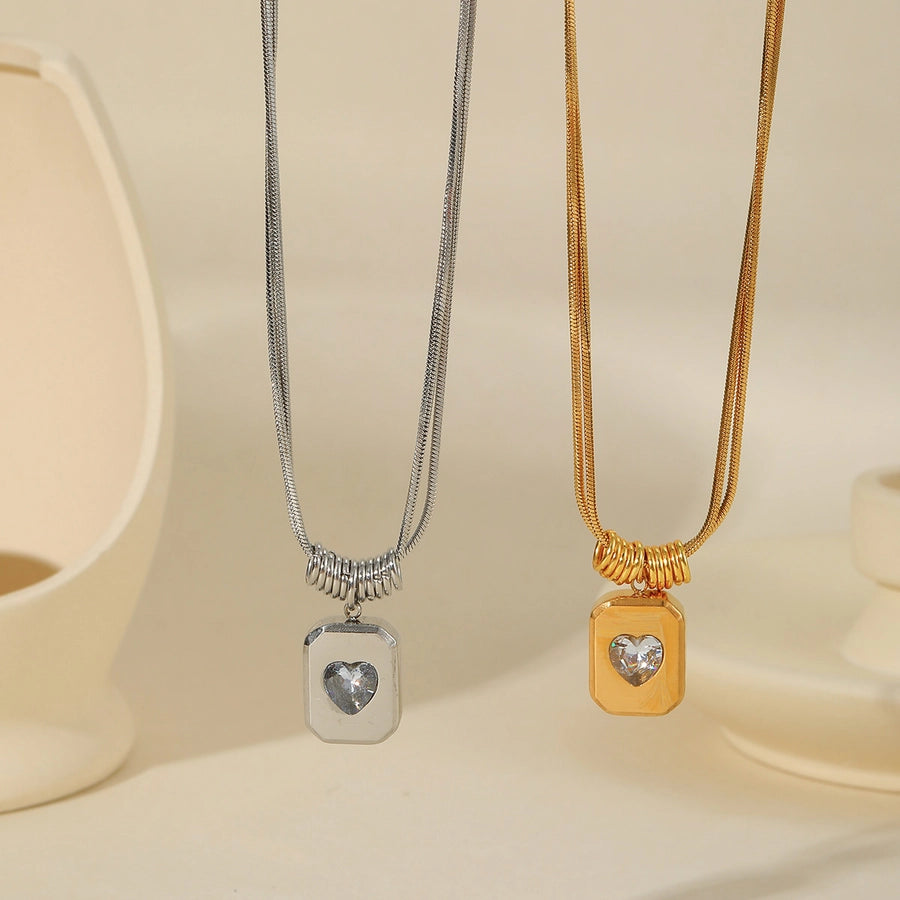 Heart Shape Zircon Pendant Necklace [304 Stainless Steel 18K Gold Plated]