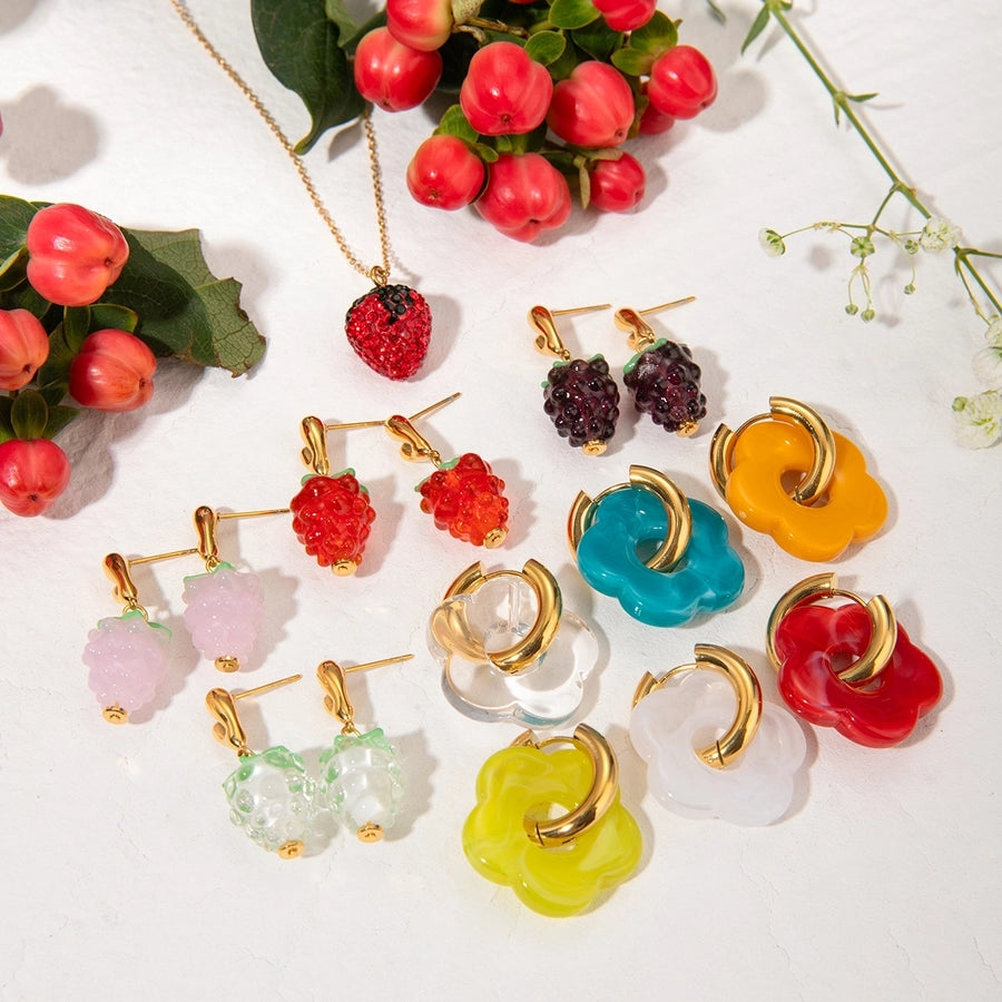 Flower Grape Resin Earrings [304 Stainless Steel, 18K Gold Plated]