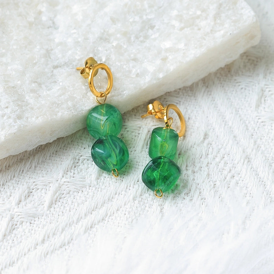 Green Leaves Rhombus Beaded Drop Earrings [304 Stainless Steel,14K Gold Plated]