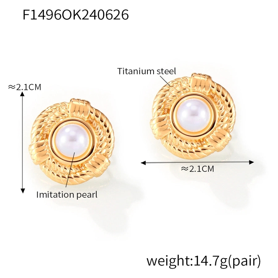 British Style Round Artificial Pearls eARRINGS [304 Stainless Steel,18K Gold Plated]