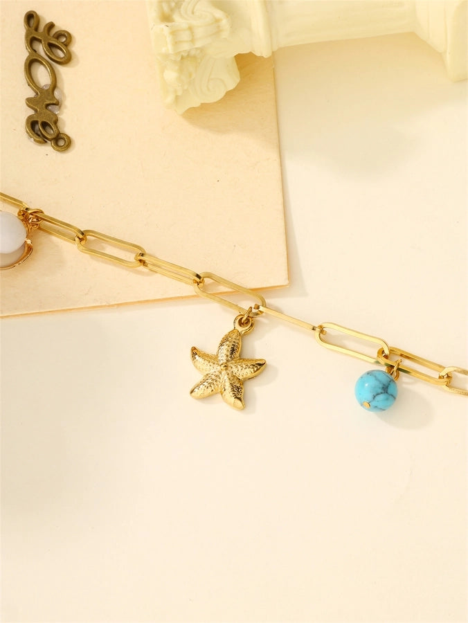 Pulseiras de corrente de estrelas do mar de praia [304 aço inoxidável, peito de ouro de 18k]