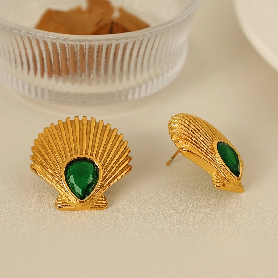 Scallop Zircon Earrings [304 Stainless Steel,18K Gold Plated]