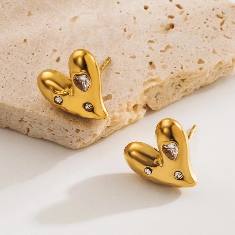 Heart Shape Zircon Ear Studs [304 Stainless Steel,18K Gold Plated]