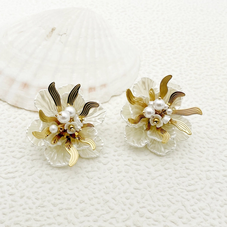 Flower Inlay Pearl Drop Earrings [304 Stainless Steel,14K Gold Plated]