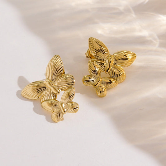 Pendientes de mariposas dobles [304 acero inoxidable, 14k dorado chapado]