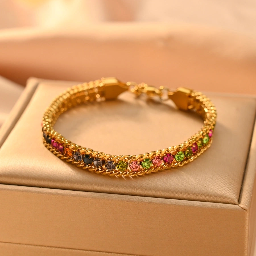 Color Block Zircon Bracelets [304 Stainless Steel,18K Gold Plated]