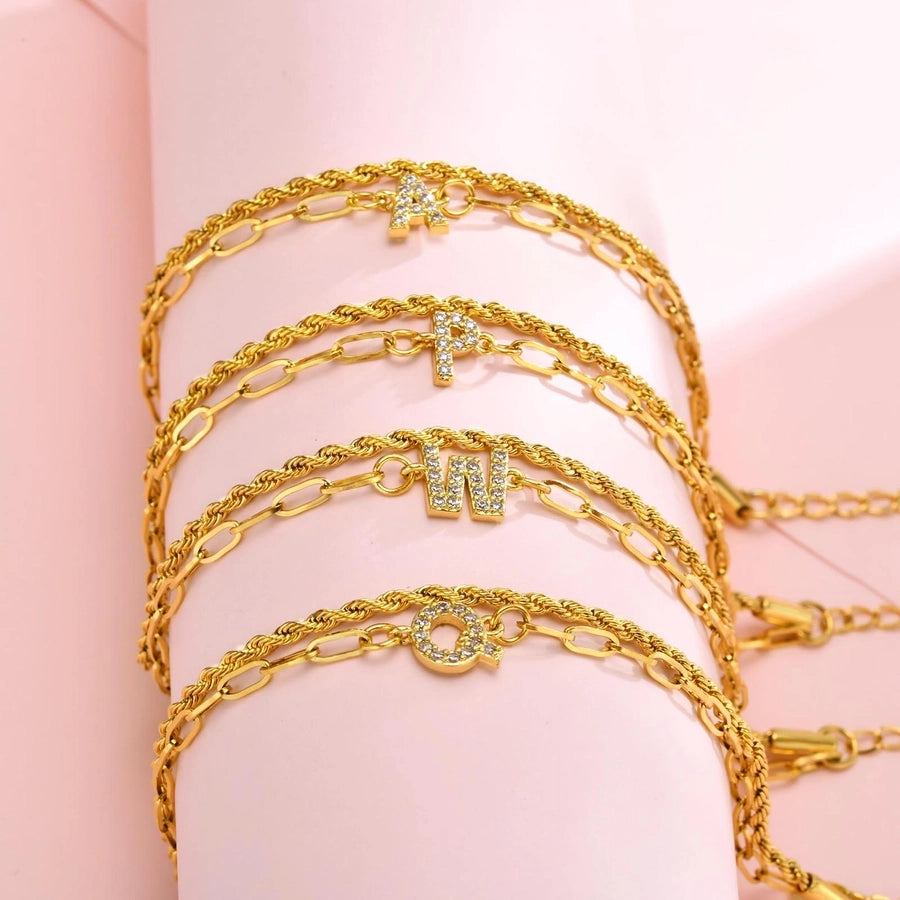 Letter Zircon Bracelets [201 Stainless Steel,Copper,18K Gold Plated]