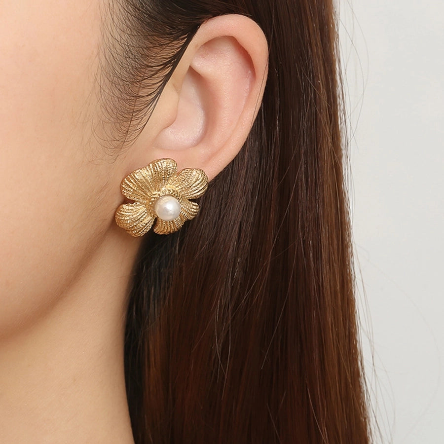 Flower Pearl Earrings [304 Stainless Steel,18K Gold Plated]