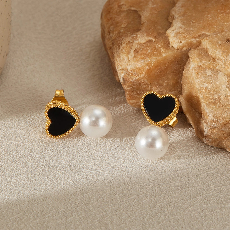 Black Heart Shape Pearl Earrings [304 Stainless Steel]