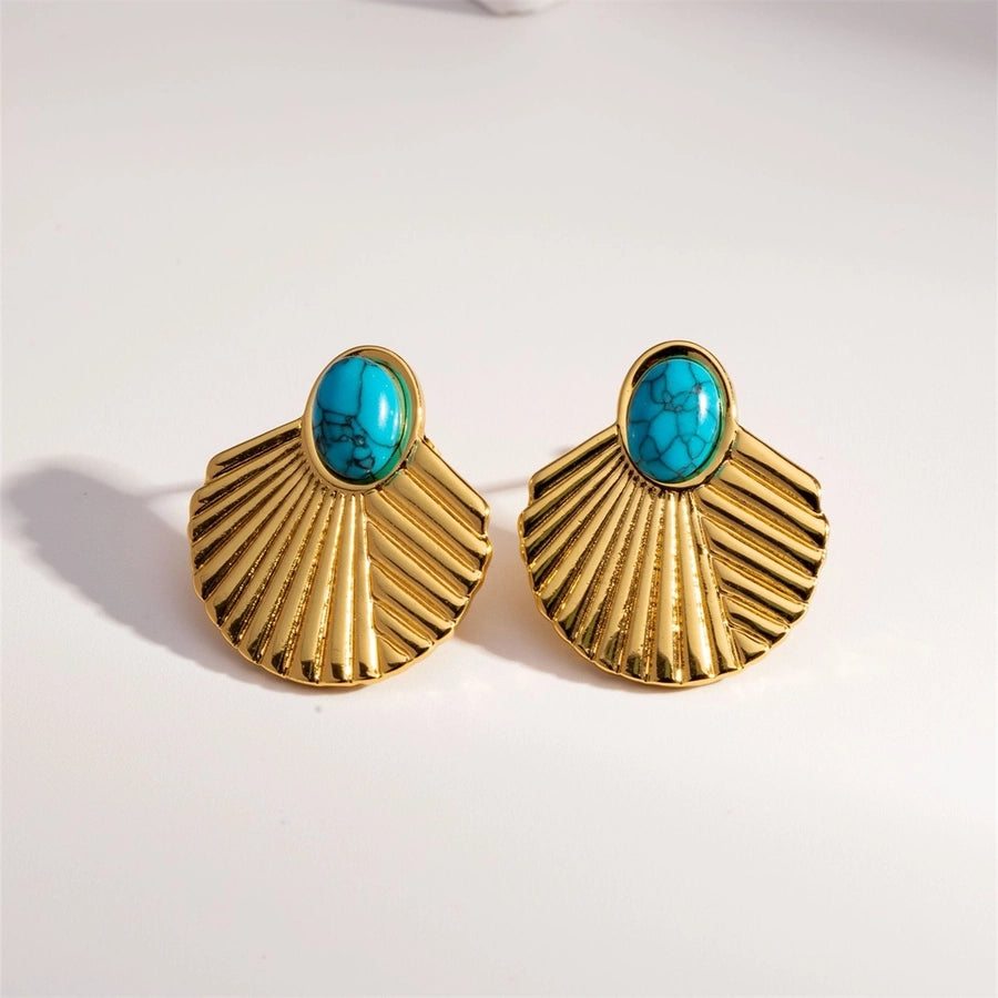 Round Blue Stone Earrings [304 Stainless Steel, 18K Gold Plated]