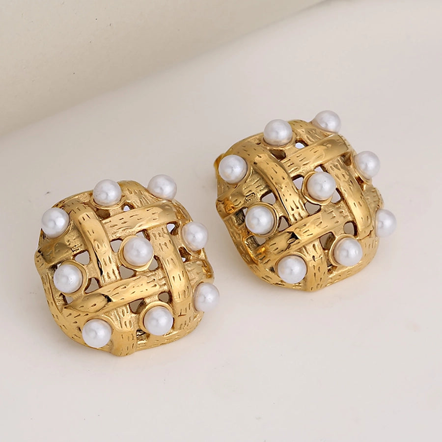 Luxurious Square Grid Rhinestone Earrings [304 Stainless Steel,18K Gold Plated]