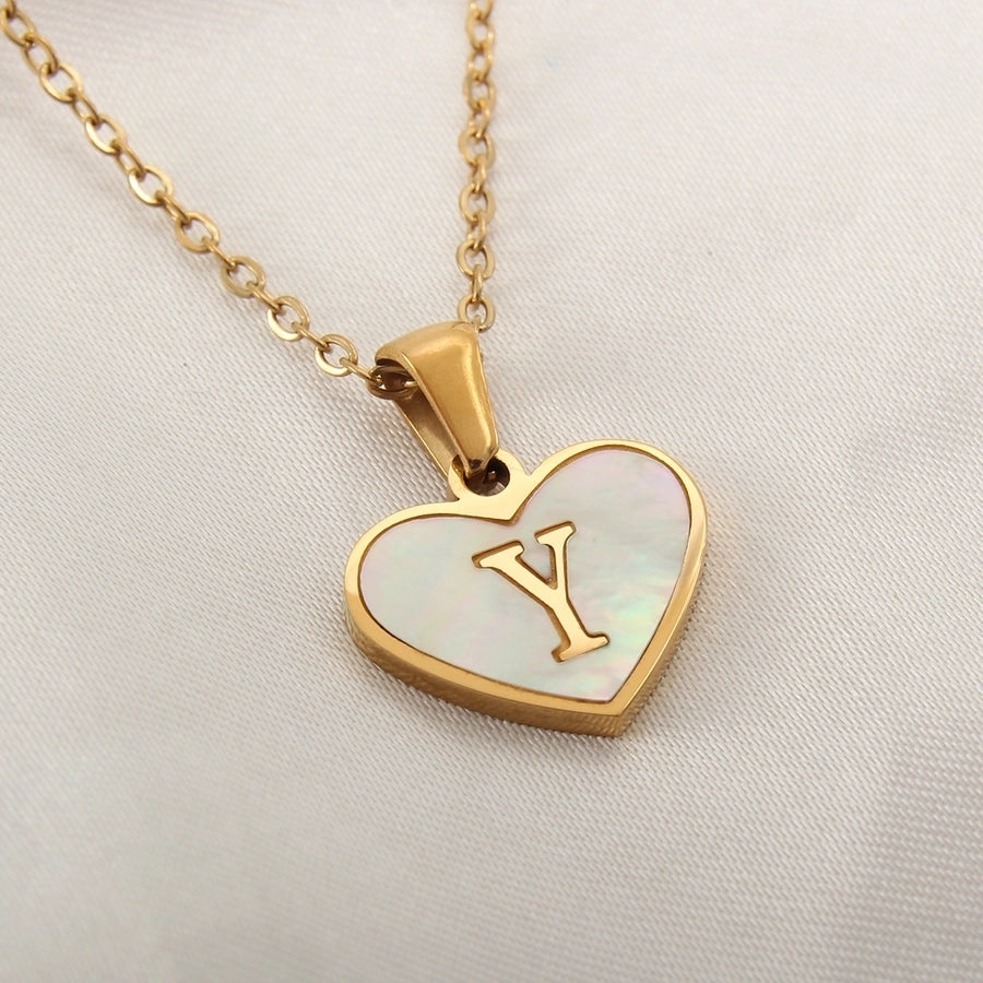 Letter Shell Heart Pendant Necklace [304 Stainless Steel,18K Gold Plated]