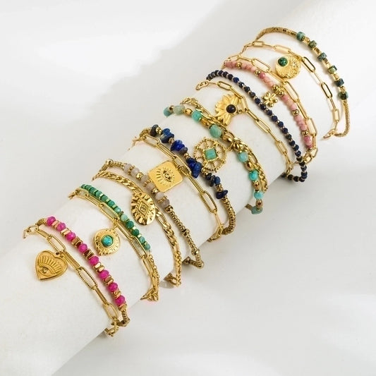 Natural Stone Beaded Bracelets [304 Stainless Steel,18K Gold Plated]