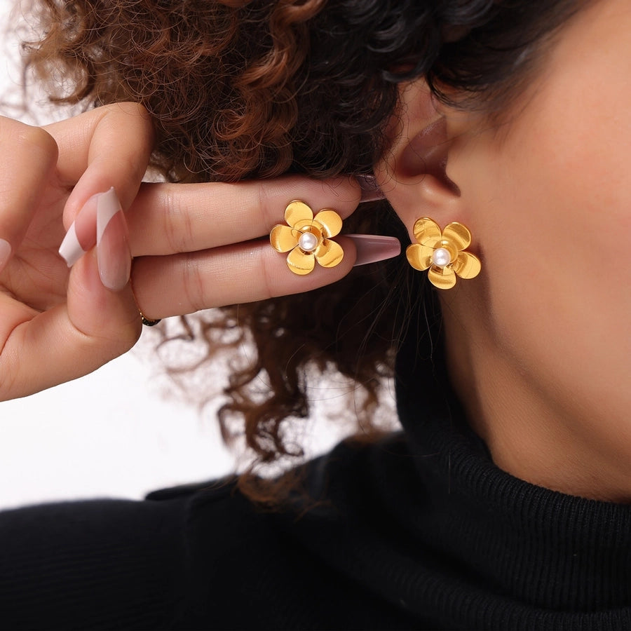 Round Flower Artificial Pearls Earrings [304 Stainless Steel,18K Gold Plated]