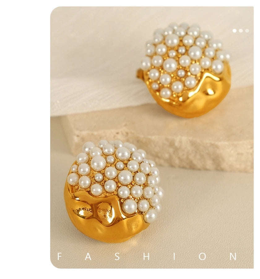 Shiny Round Artificial Gemstones Artificial Pearls Earrings [304 Stainless Steel,18K Gold Plated]