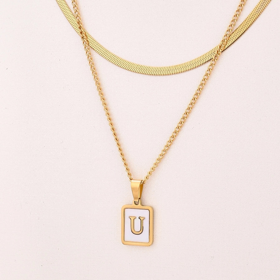 Letter RectanglePendant Necklace[304 Stainless Steel, 18K Gold Plated]