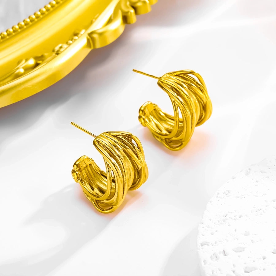 C Shape Multiple Lines Earrings [304 Stainless Steel,18K Gold Plated]