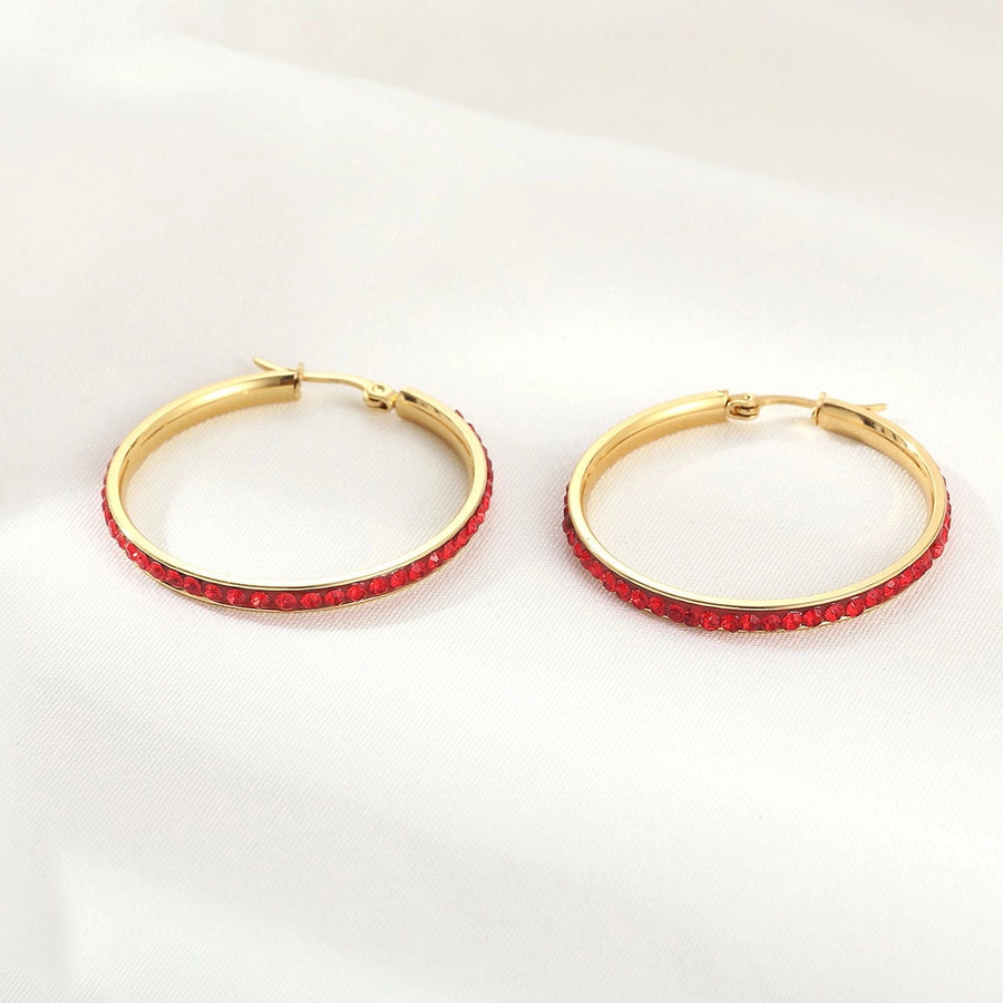 Studded withRhinestones Color Hoop Earrings [Stainless Steel]