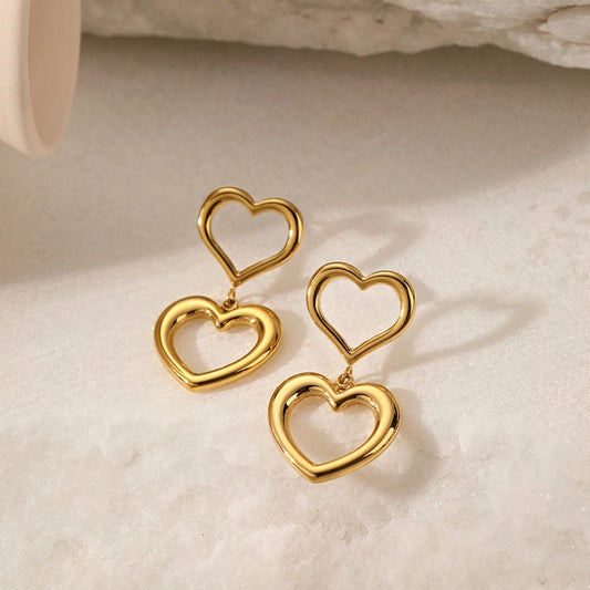 Double Hanging Hearts Earrings [304 Stainless Steel,18K Gold Plated]