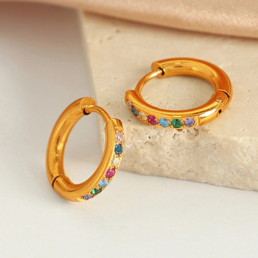 Round Rhinestones Hoop Earrings [304 Stainless Steel,18K Gold Plated]