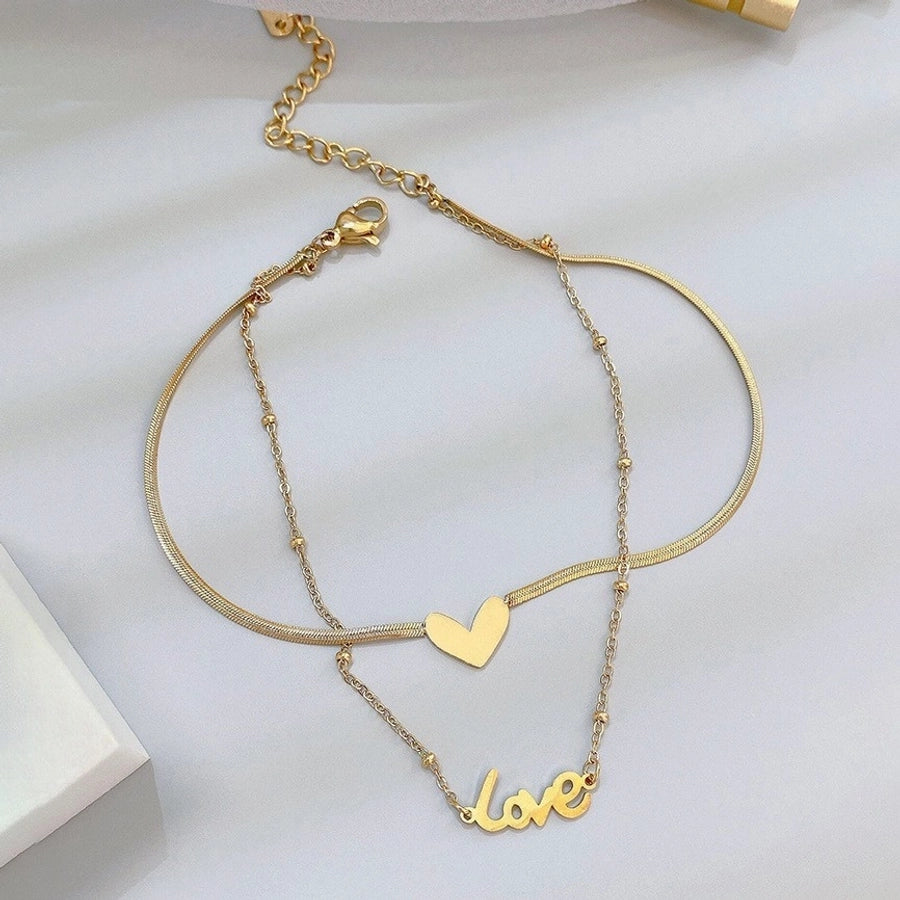 Love Heart Double Anklet [304 Stainless Steel, 18K Gold Plated]