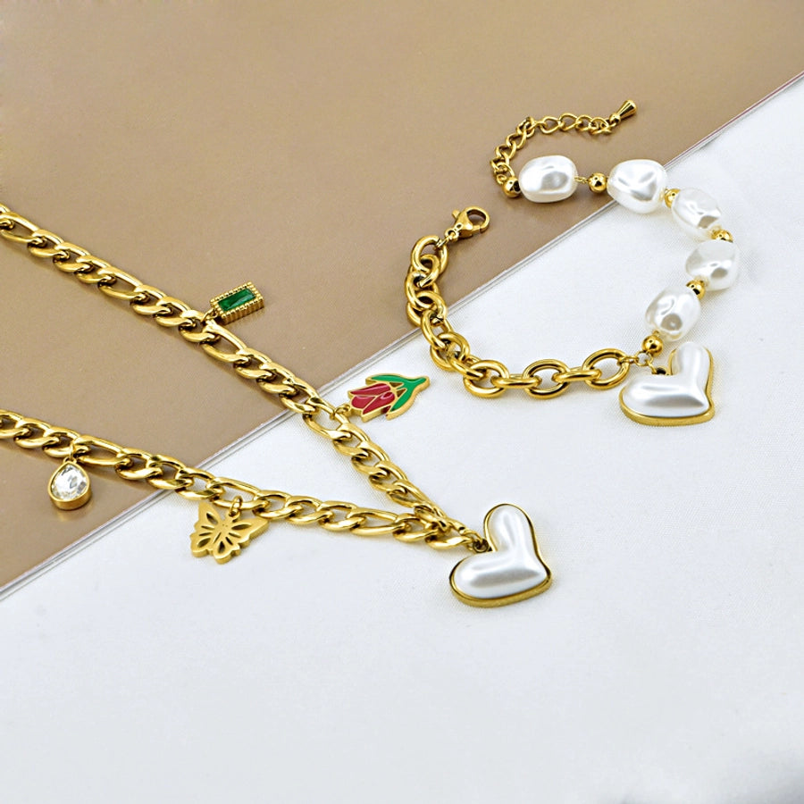 Forma del cuore/fiore/farfalla perle artificiali Bracciale/collana in pietra in vetro [acciaio inossidabile 304, oro 18K placcato]