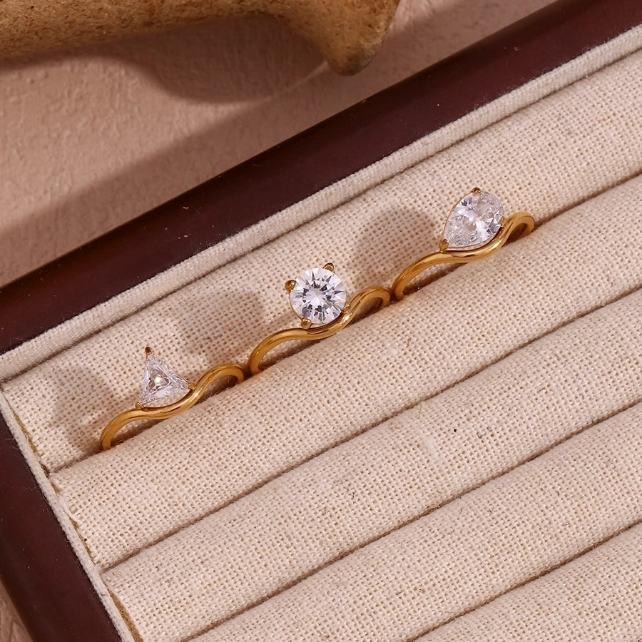 Triangle Round Water Droplets Zircon Ring [304 Stainless Steel, 18K Gold Plated]