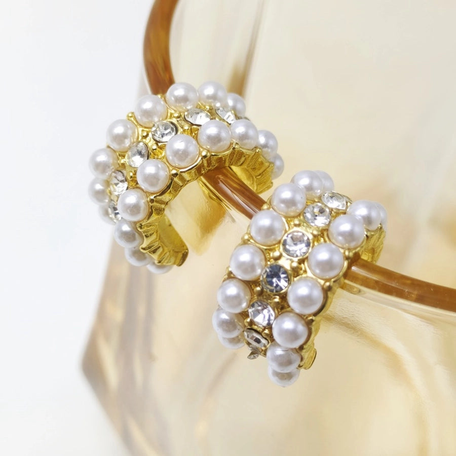 Artificial Pearls Rhinestones Hoop Earrings [304 Stainless Steel,18K Gold Plated]