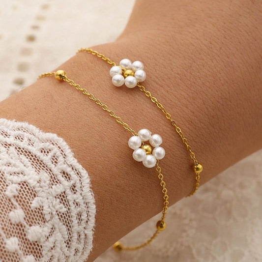 White Daisy Flower Bracelet [304 Stainless Steel,18K Gold Plated]