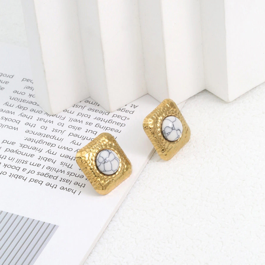 Square Natural Stone Ear Studs [304 Stainless Steel,18K Gold Plated]