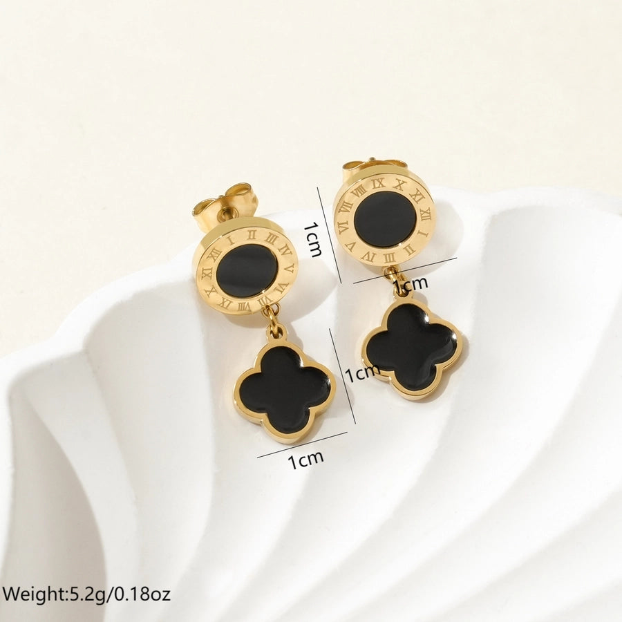 Four Leaf Clover Roman Numeral Drop Earrings [304 Stainless Steel,14K Gold Plated]