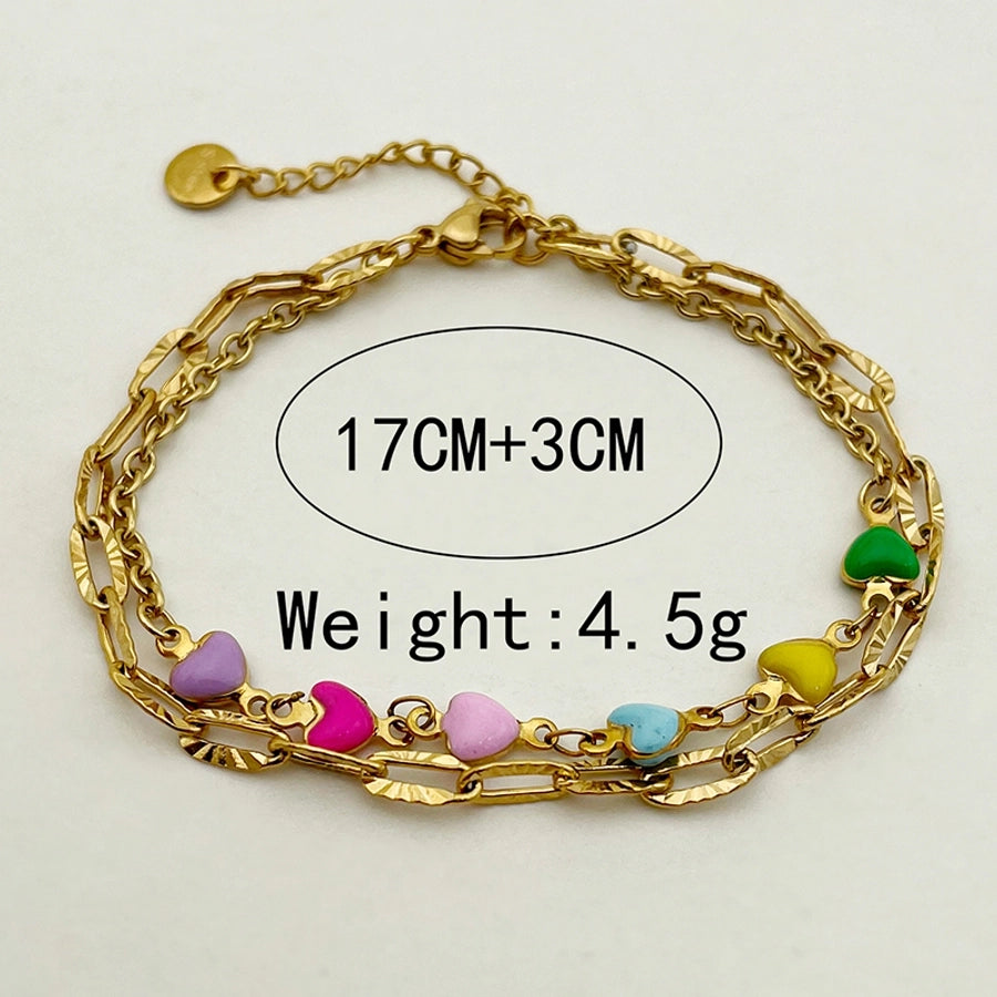 Pulseras de cadena doble de corazón de esmalte [304 acero inoxidable, 14k dorado chapado]