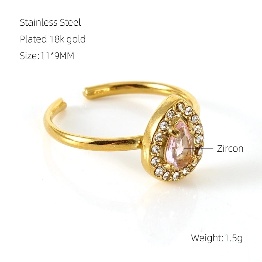 Shiny  Square Water Droplets Heart Shape Zircon Open Ring [Stainless Steel 18K Gold Plated]