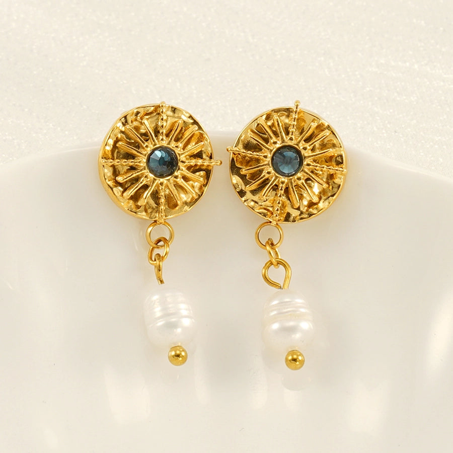 Round Astrolabe Artificial Pearls Earrings [304 Stainless Steel,18K Gold Plated]