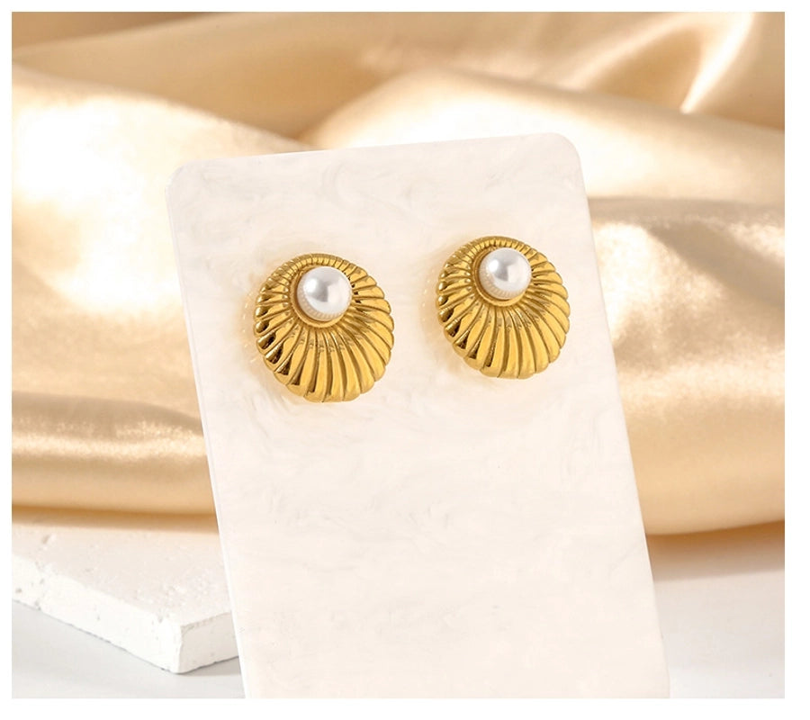 Pearl Round Earrings [316 Stainless Steel,18K Gold Plated]