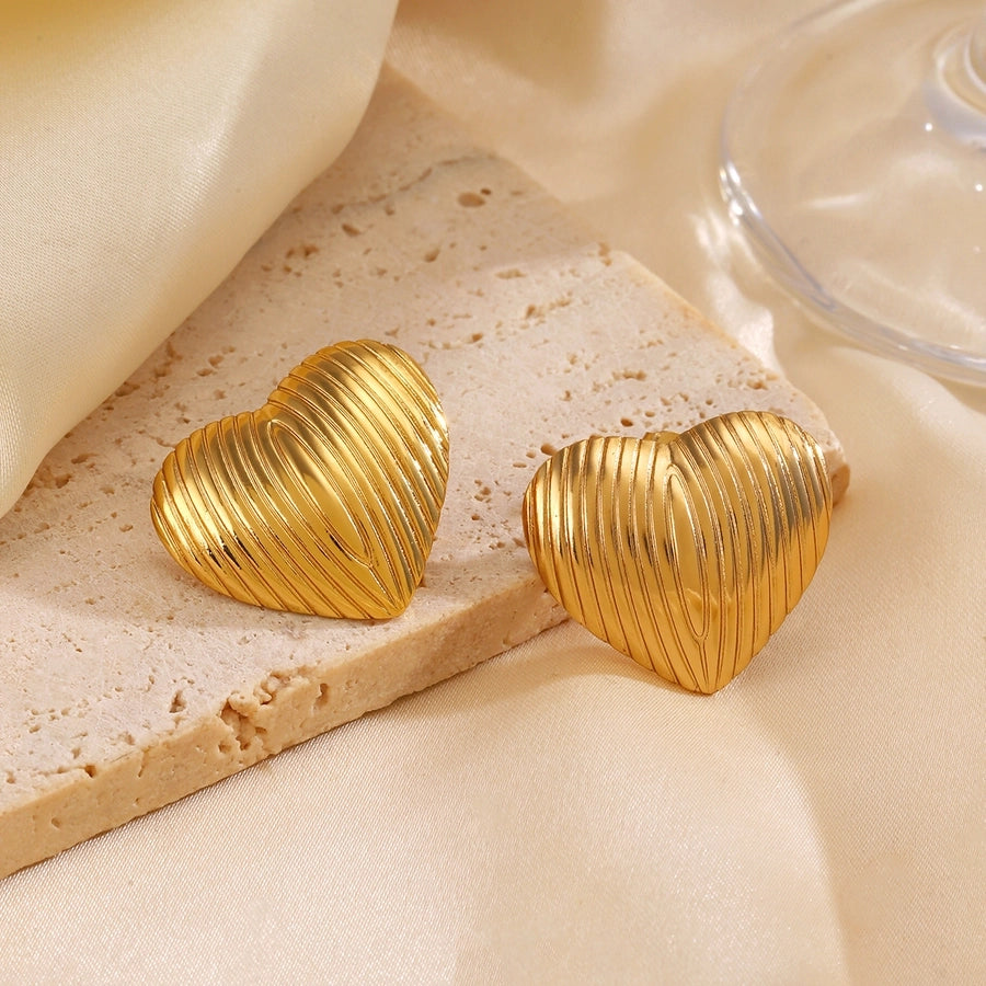 Striped Style Heart Shape Earrings [304 Stainless Steel,18K Gold Plated]