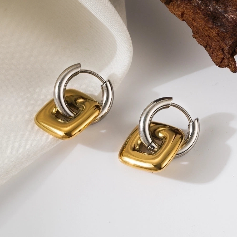 Square Silver Gold Drop Earrings [304 Stainless Steel, 18K Gold Plated]