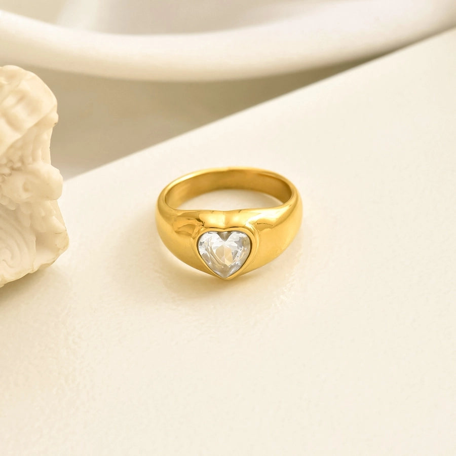 Heart Shape Zircon Ring [304 Stainless Steel, 14K Gold Plated]