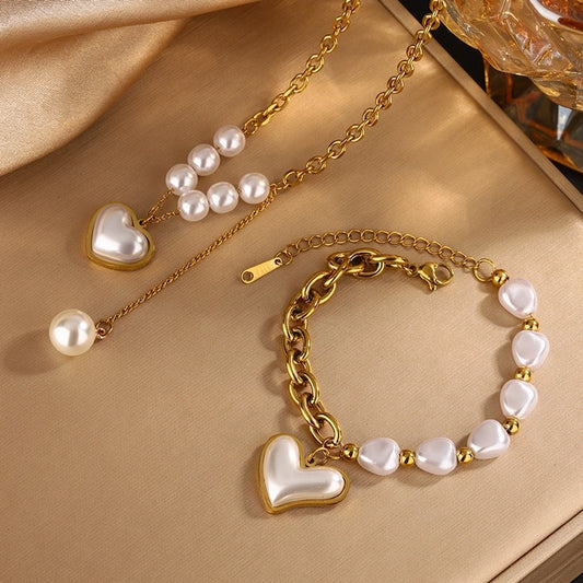 Forma del cuore Perline Pearlbracele/Collana/Set di gioielli [acciaio inossidabile 304, oro 18K placcato]