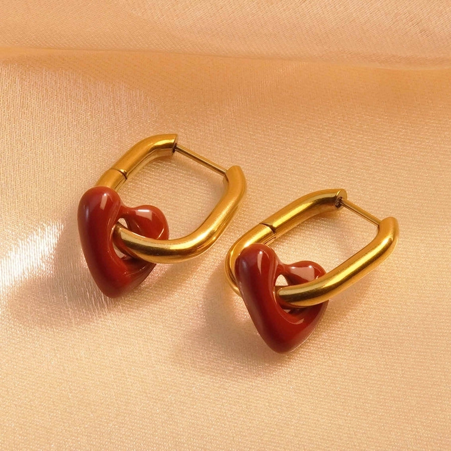 Red Heart Shape Earrings [304 Stainless Steel,18K Gold Plated]