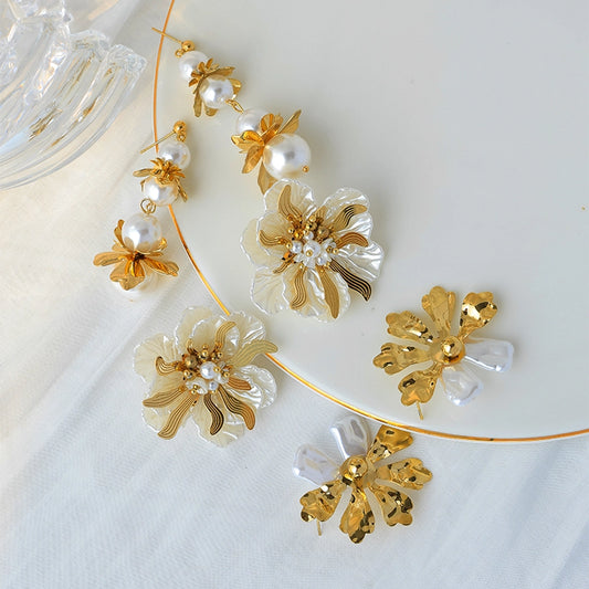 Flower Inlay Pearl Drop Earrings [304 Stainless Steel,14K Gold Plated]