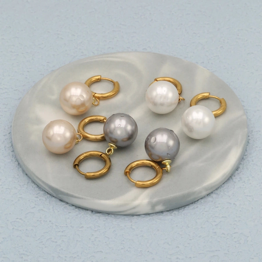 Drop Round Pearl Earrings [304 Stainless Steel, 18K Gold Plated]