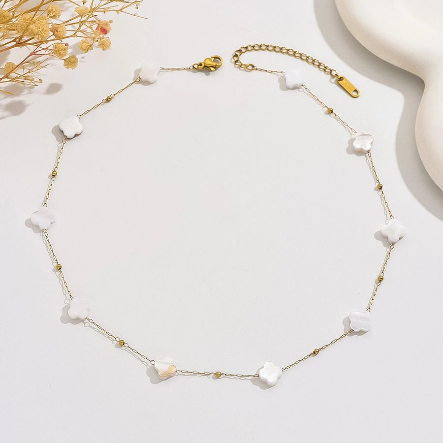 Four Leaf Clover White Necklace  [304 Stainless Steel,18K Gold Plated]