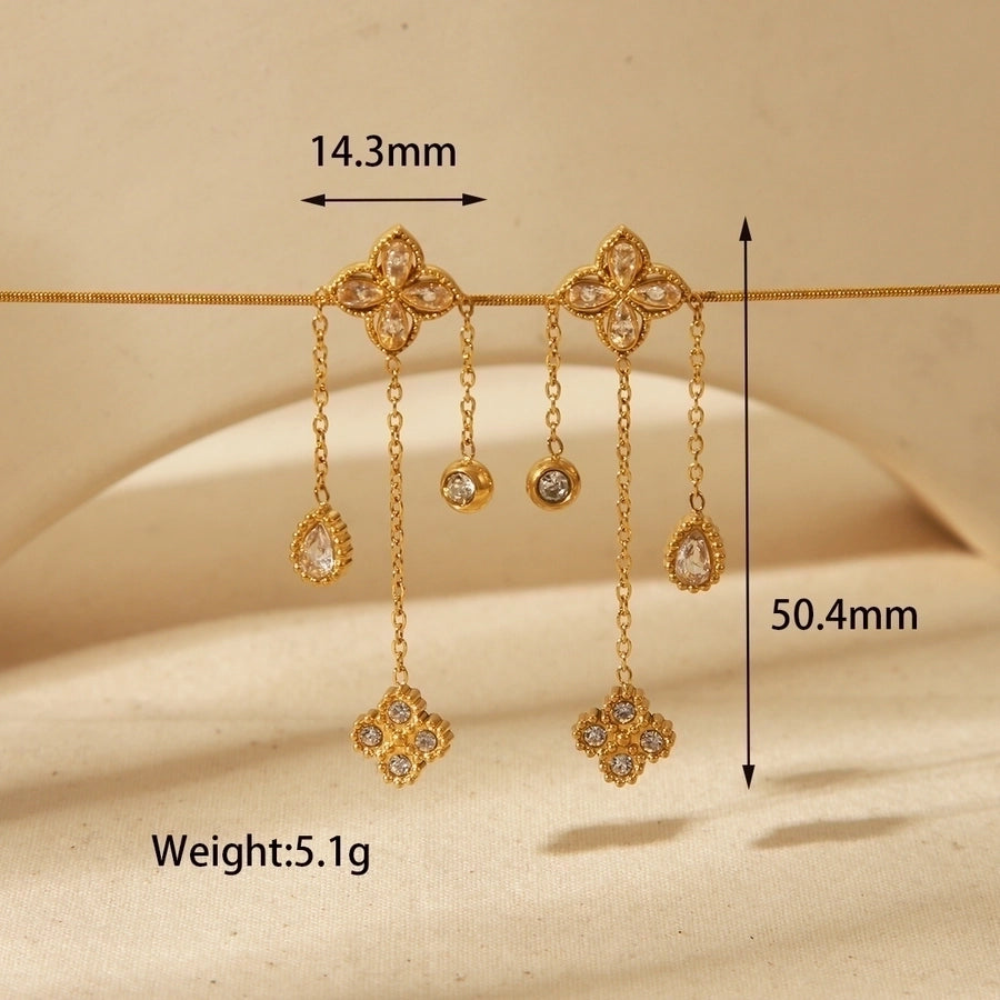 Four Leaf Flower Zircon Bracelet/Earrings/Necklace [304 Stainless Steel, 18K Gold Plated]